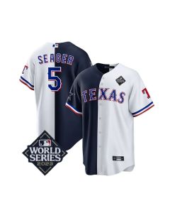 Men's Texas Rangers & Cowboys #5 Corey Seager Navy/White 2023 World Series Splite Stitched Baseball Jersey