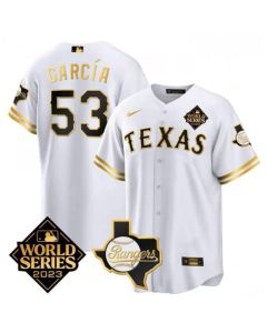 Men's Texas Rangers & Cowboys #53 Adolis Garcia White 2023 World Series Splite Stitched Baseball Jersey