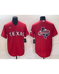 Men's Texas Rangers Red 2023 World Series Champions Big Logo With Patch Cool Base Stitched Baseball Jersey