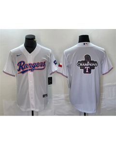 Men's Texas Rangers White 2023 World Series Champions Big Logo With Patch Cool Base Stitched Baseball Jersey (White)
