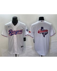 Men's Texas Rangers White 2023 World Series Champions Big Logo With Patch Cool Base Stitched Baseball Jersey