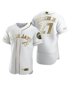 Men's Toronto Blue Jays #27 Vladimir Guerrero Jr. White Gold Flex Base Stitched Jersey