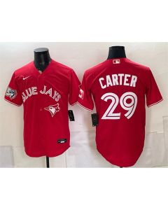 Men's Toronto Blue Jays #29 Joe Carter Red 50 Seasons Patch Baseball Jersey (Red Blue)