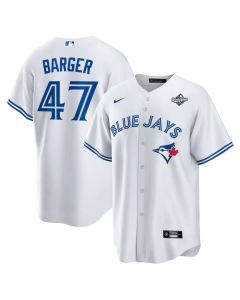 Men's Toronto Blue Jays #47 Addison Barger White 2025 World Series Home Replica Player Jersey (Blue White)