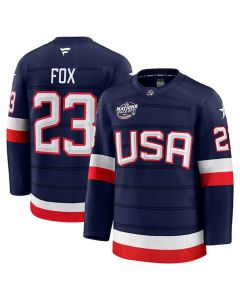 Men's USA #23 Adam Fox Navy 2025 4 Nations Face-Off Stitched Jersey