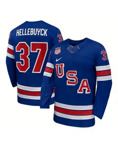 Men's USA Hockey #37 Connor Hellebuyck Royal 2026 Home Replica Jersey