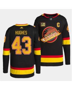 Men's Vancouver Canucks #43 Quinn Hughes Black Retro With 50th Anniversary Patch Stitched Jersey