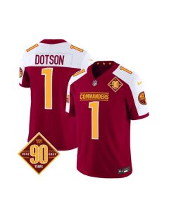 Men's Washington Commanders #1 Jahan Dotson Burgundy/White 2023 F.U.S.E. 90th Anniversary Vapor Limited Stitched Football Jersey