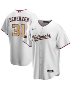 Men's Washington Nationals #31 Max Scherzer White 2020 Gold Program Stitched Championship Jersey