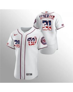 Men's Washington Nationals #31 Max Scherzer White 2020 Stars & Stripes Flex Base Stitched Jersey