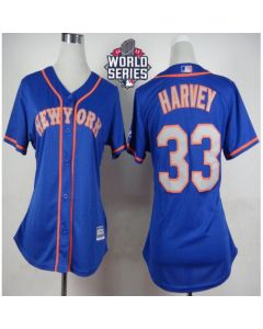 Mets #33 Matt Harvey Blue(Grey NO.) Alternate Road W/2015 World Series Patch Women's Stitched MLB Jersey