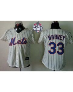 Mets #33 Matt Harvey Cream(Blue Strip) W/2015 World Series Patch Women's Fashion Stitched MLB Jersey