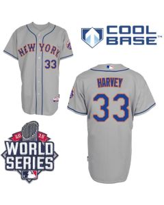 Mets #33 Matt Harvey Grey Road Cool Base W/2015 World Series Patch Stitched MLB Jersey