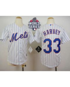 Mets #33 Matt Harvey White(Blue Strip) Home Cool Base W/2015 World Series Patch Stitched Youth MLB Jersey