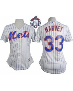 Mets #33 Matt Harvey White(Blue Strip) W/2015 World Series Patch Women's Home Stitched MLB Jersey