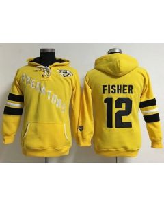 Nashville Predators #12 Mike Fisher Yellow Women's Old Time Heidi Hoodie NHL Hoodie