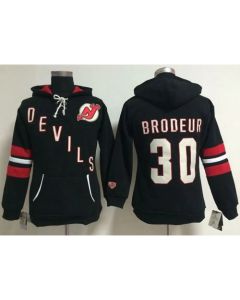 New Jersey Devils #30 Martin Brodeur Black Women's Old Time Heidi NHL Hoodie