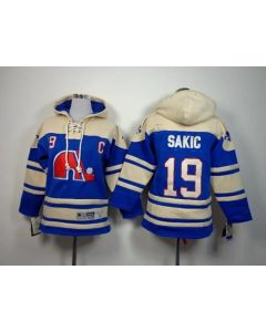 Nordiques #19 Joe Sakic Blue Sawyer Hooded Sweatshirt Stitched Youth NHL Jersey