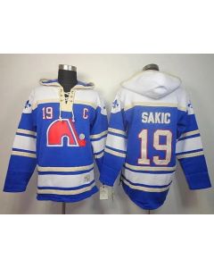 Nordiques #19 Joe Sakic Light Blue Sawyer Hooded Sweatshirt Stitched NHL Jersey