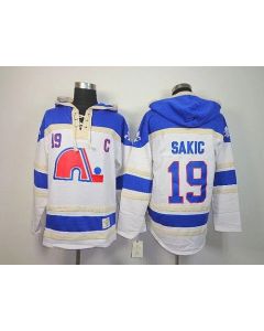 Nordiques #19 Joe Sakic White Sawyer Hooded Sweatshirt Stitched NHL Jersey