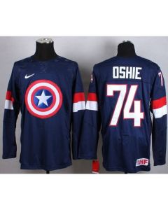 Olympic Team USA #74 T. J. Oshie Navy Blue Captain America Fashion Stitched NHL Jersey