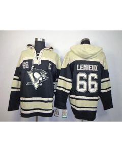 Penguins #66 Mario Lemieux Black Sawyer Hooded Sweatshirt Stitched NHL Jersey