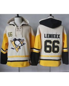 Penguins #66 Mario Lemieux Cream/Gold Sawyer Hooded Sweatshirt Stitched NHL Jersey
