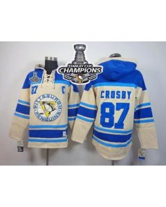 Penguins #87 Sidney Crosby Cream Sawyer Hooded Sweatshirt 2016 Stanley Cup Champions Stitched NHL Jersey