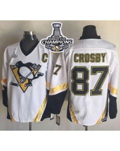 Penguins #87 Sidney Crosby White CCM Throwback 2016 Stanley Cup Champions Stitched NHL Jersey