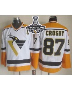 Penguins #87 Sidney Crosby White/Yellow CCM Throwback 2016 Stanley Cup Champions Stitched NHL Jersey