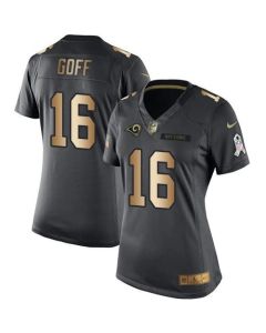 Rams #16 Jared Goff Black Women's Stitched NFL Limited Gold Salute to Service Jersey