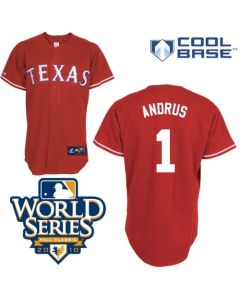 Rangers #1 Elvis Andrus Red Cool Base w/2010 World Series Patch Stitched MLB Jersey