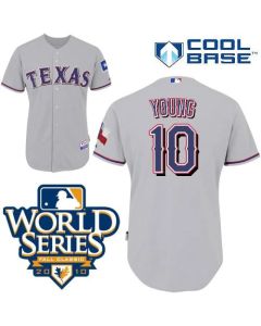 Rangers #10 Michael Young Grey Cool Base w/2010 World Series Patch Stitched MLB Jersey