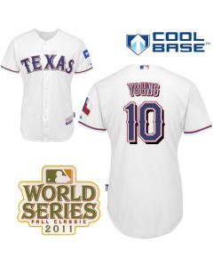 Rangers #10 Michael Young White Cool Base 2011 World Series Patch Stitched MLB Jersey