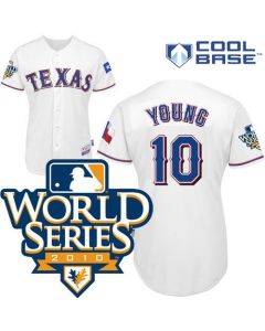 Rangers #10 Michael Young White Cool Base w/2010 World Series Patch Stitched MLB Jersey