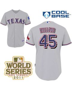 Rangers #45 Derek Holland Grey Cool Base 2011 World Series Patch Stitched MLB Jersey