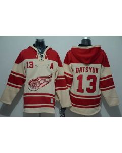 Red Wings #13 Pavel Datsyuk Cream Sawyer Hooded Sweatshirt Stitched NHL Jersey