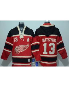 Red Wings #13 Pavel Datsyuk Red Sawyer Hooded Sweatshirt Stitched NHL Jersey