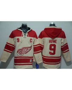 Red Wings #9 Gordie Howe Cream Sawyer Hooded Sweatshirt Stitched NHL Jersey