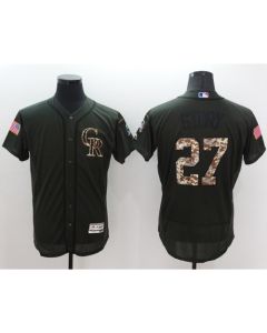 Rockies #27 Trevor Story Green Flexbase Authentic Collection Salute to Service Stitched MLB Jersey