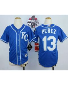 Royals #13 Salvador Perez Blue Cool Base W/2015 World Series Patch Stitched Youth MLB Jersey