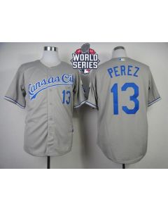 Royals #13 Salvador Perez Grey Cool Base W/2015 World Series Patch Stitched MLB Jersey