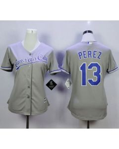 Royals #13 Salvador Perez Grey Road Women's Stitched MLB Jersey