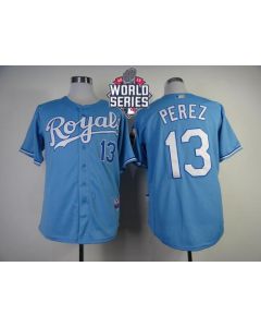 Royals #13 Salvador Perez Light Blue Cool Base W/2015 World Series Patch Stitched MLB Jersey