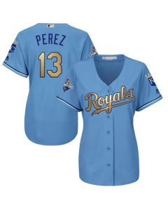 Royals #13 Salvador Perez Light Blue Women's 2015 World Series Champions Gold Program Cool Base Stitched MLB Jersey