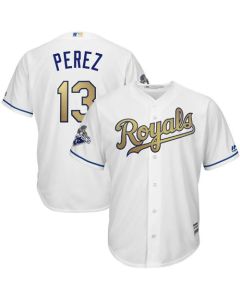 Royals #13 Salvador Perez White 2015 World Series Champions Gold Program Cool Base Stitched Youth MLB Jersey