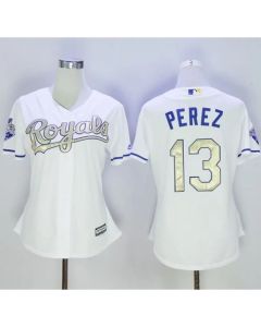 Royals #13 Salvador Perez White 2015 World Series Champions Gold Program Cool Base Women's Stitched MLB Jersey