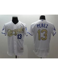 Royals #13 Salvador Perez White 2015 World Series Champions Gold Program FlexBase Authentic Stitched MLB Jersey