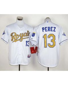 Royals #13 Salvador Perez White 2015 World Series Champions Gold Program Stitched MLB Jersey