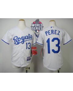Royals #13 Salvador Perez White Cool Base W/2015 World Series Patch Stitched Youth MLB Jersey